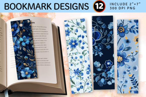 Blue Embroidery Flowers PNG Bookmark Design